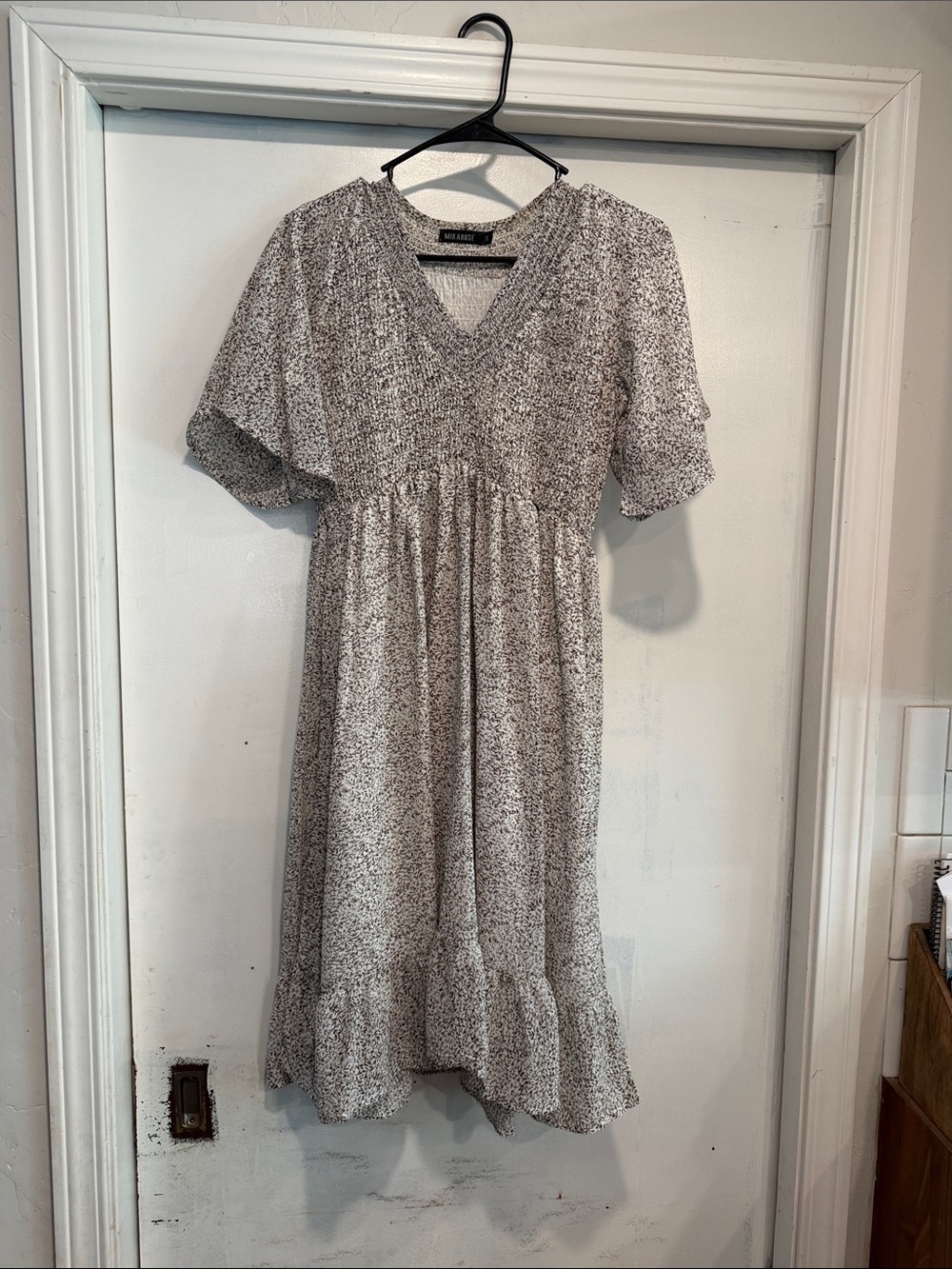 Mikarose Black and White Speckled V-Neck Midi Dress